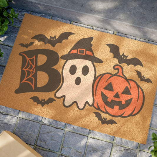 Halloween Boo Doormat – Ghost, Jack-o'-Lantern & Bats Welcome Mat
