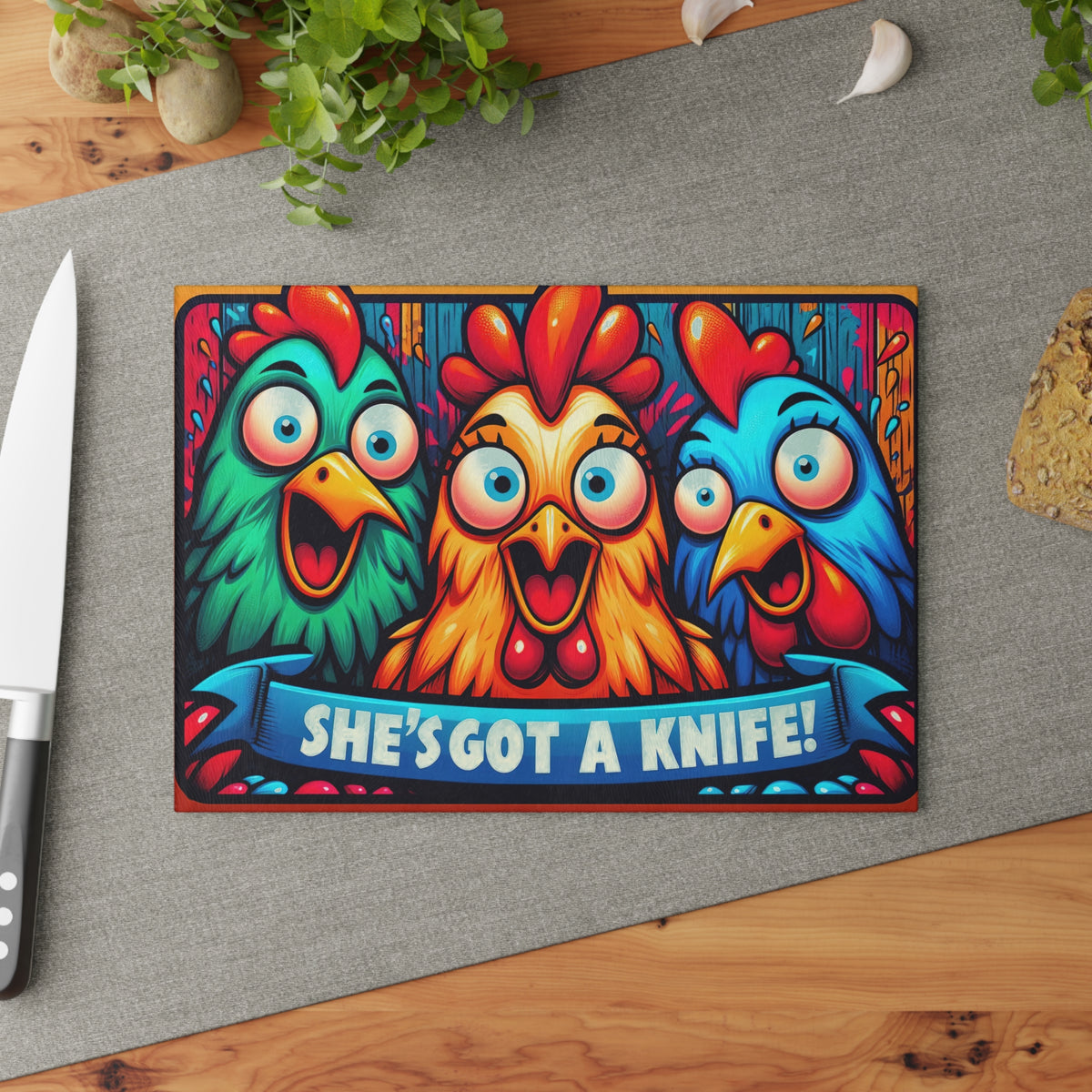 She's Got a Knife Glass Cutting Board — Colorful Cartoon Chickens Kitchen Board