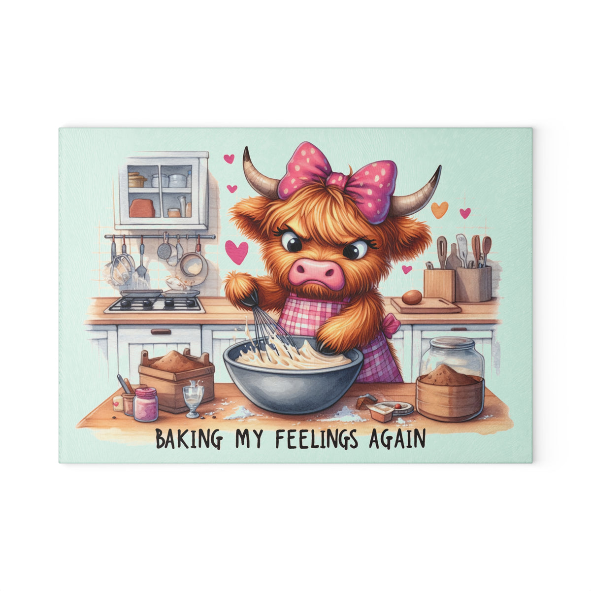 Glass Cutting Board — Cute Highland Cow Baking Kitchen Decor ("Baking My Feelings Again")