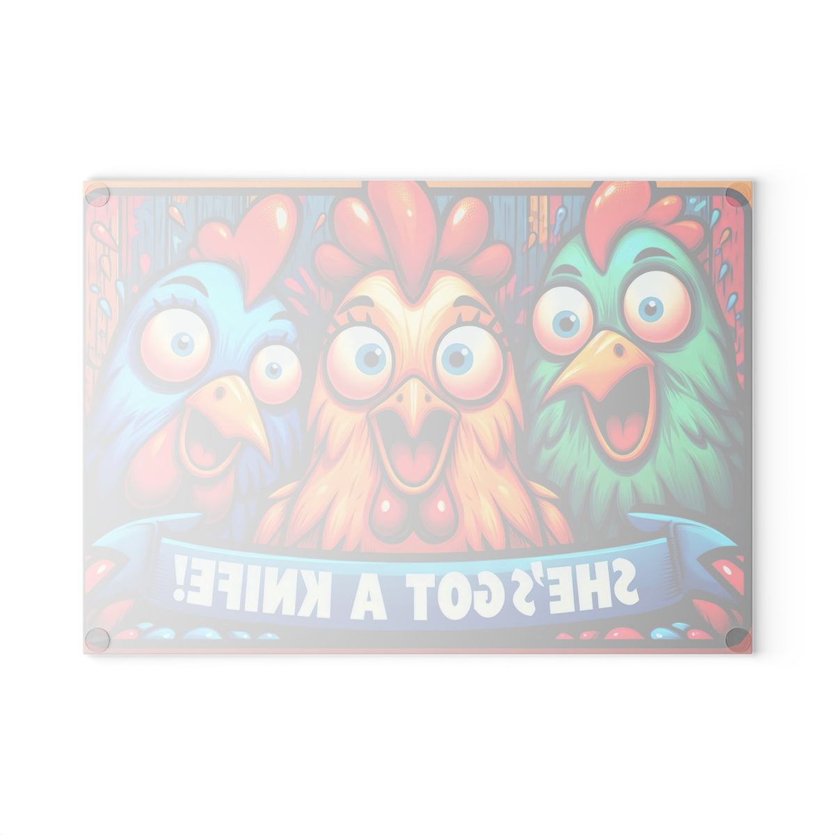 She's Got a Knife Glass Cutting Board — Colorful Cartoon Chickens Kitchen Board