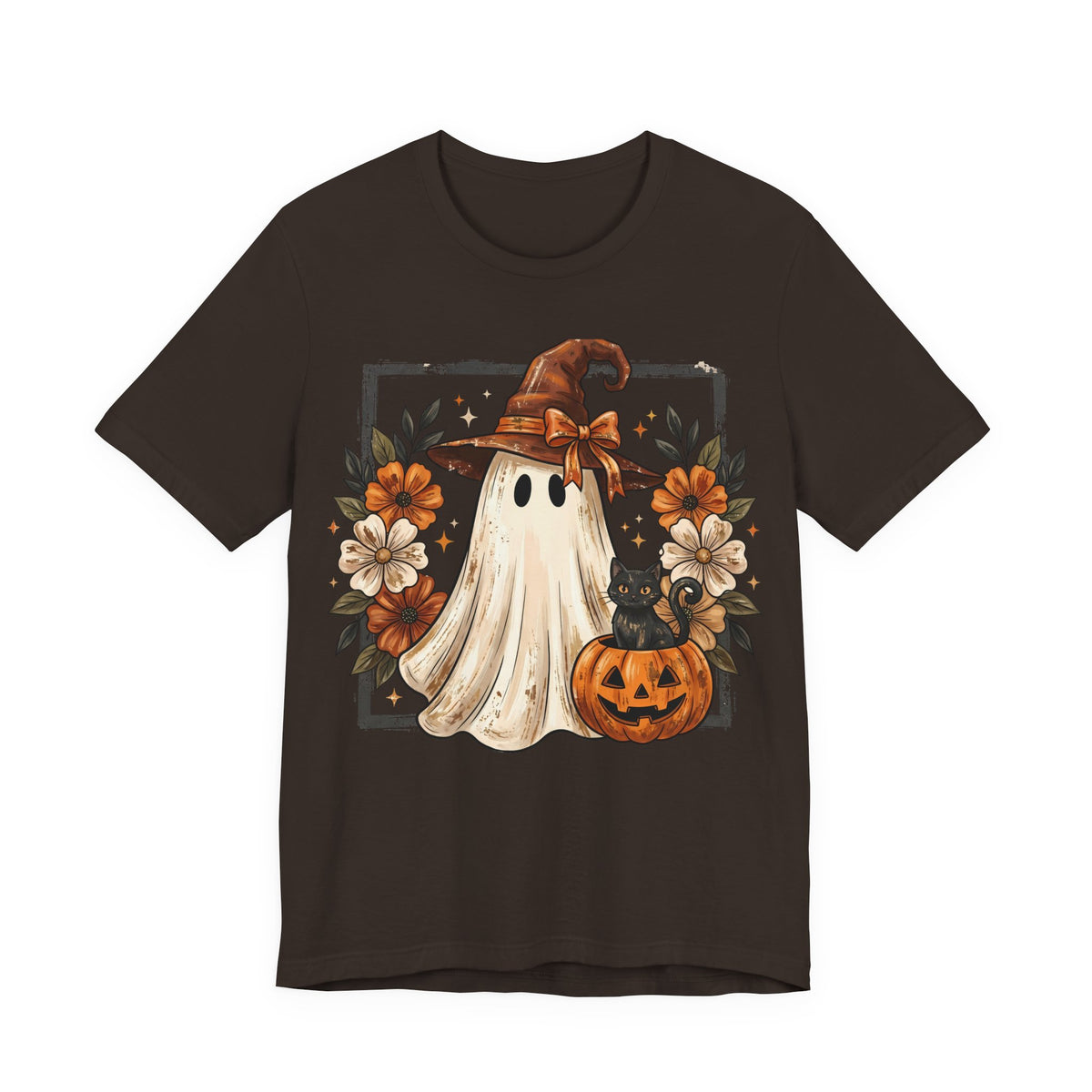 Halloween Ghost Tee — Cute Ghost with Witch Hat, Pumpkin & Black Cat Graphic Shirt