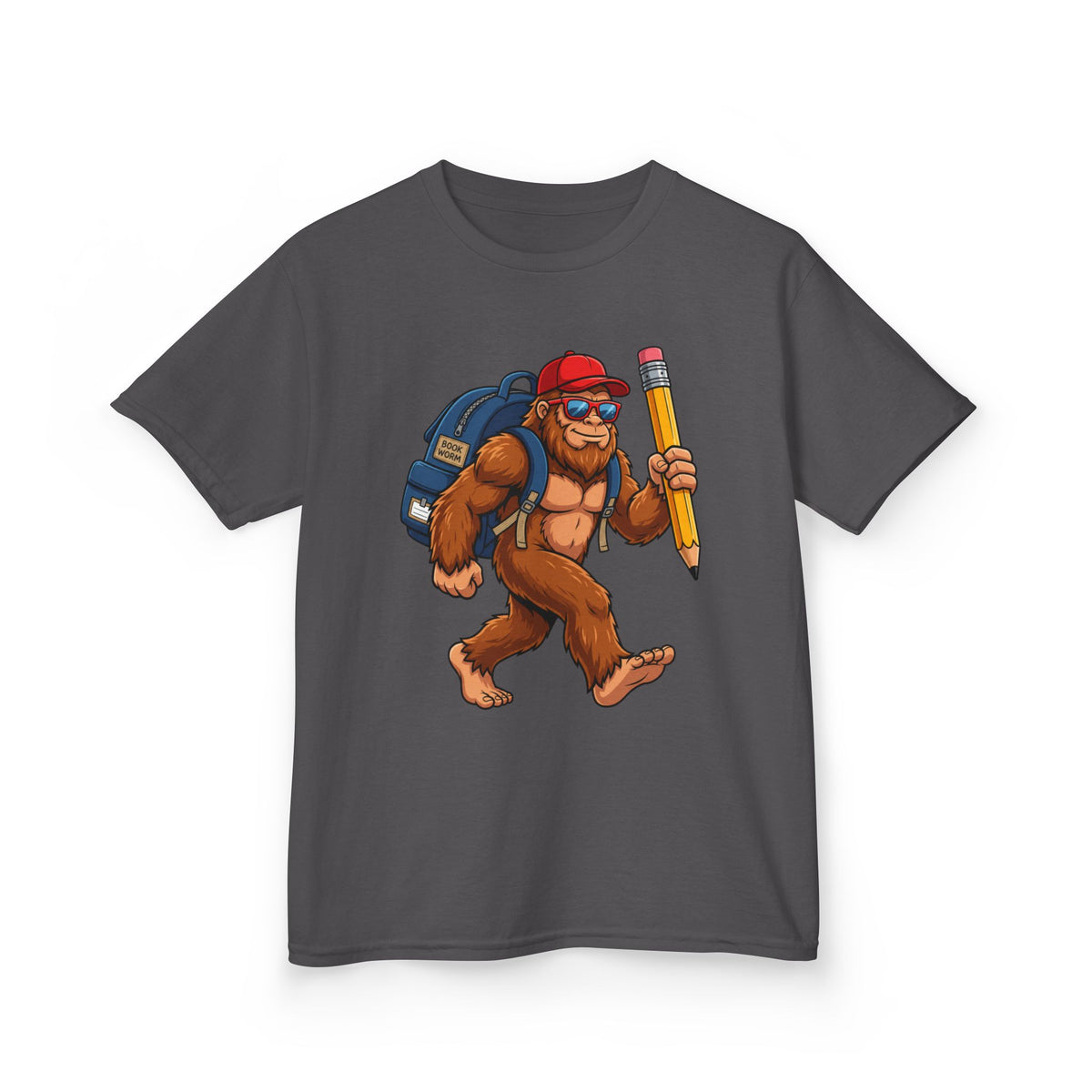 Kids Sasquatch Backpacker T‑Shirt — Cute Bigfoot with Pencil School Tee