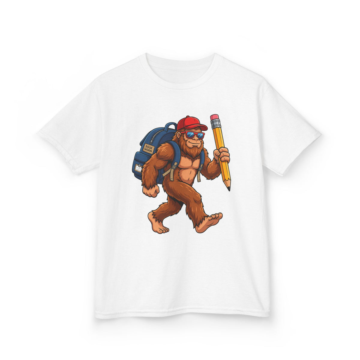 Kids Sasquatch Backpacker T‑Shirt — Cute Bigfoot with Pencil School Tee