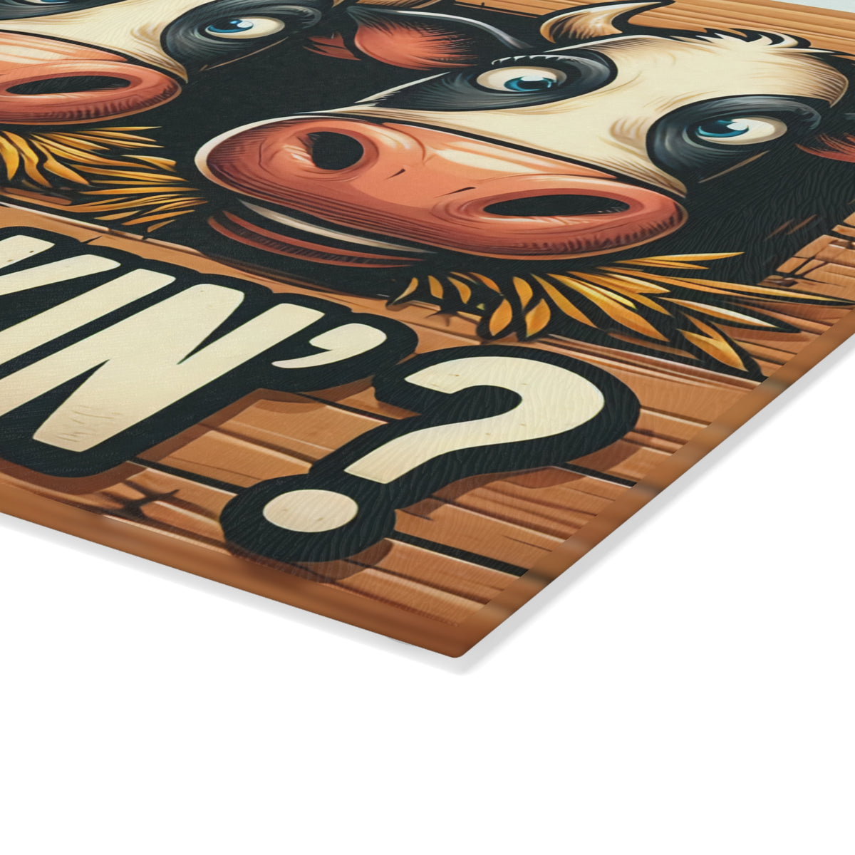 Whatcha Makin'? Cow Trio Glass Cutting Board — Funny Farmhouse Kitchen Decor