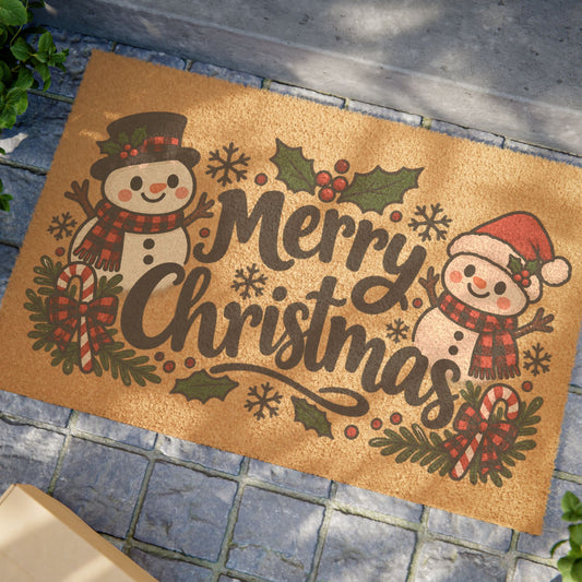 Merry Christmas Coir Doormat — Festive Snowman Holiday Welcome Mat