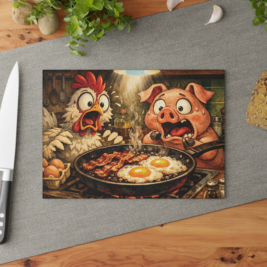 Glass Cutting Board — Funny Breakfast Pig & Chicken Illustration (Eggs & Bacon)