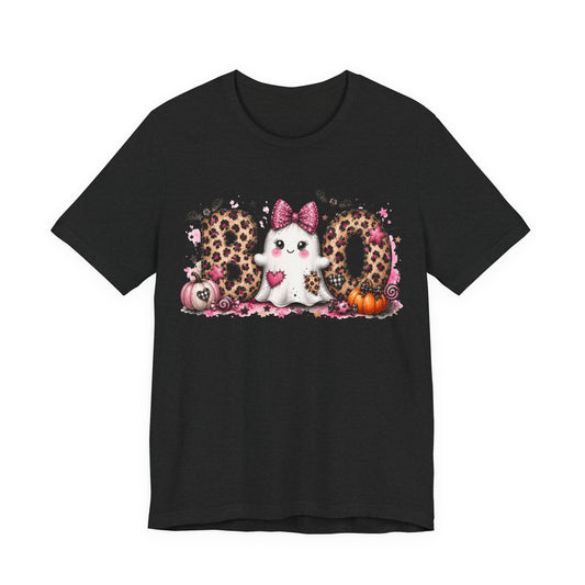 Cute Leopard BOO Ghost Halloween Tee — Pink Bow Pumpkin Graphic T-Shirt