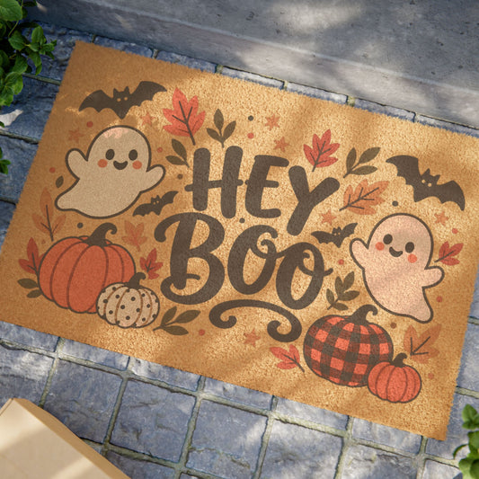 Hey Boo Halloween Doormat — Cute Ghosts & Pumpkins Fall Welcome Mat