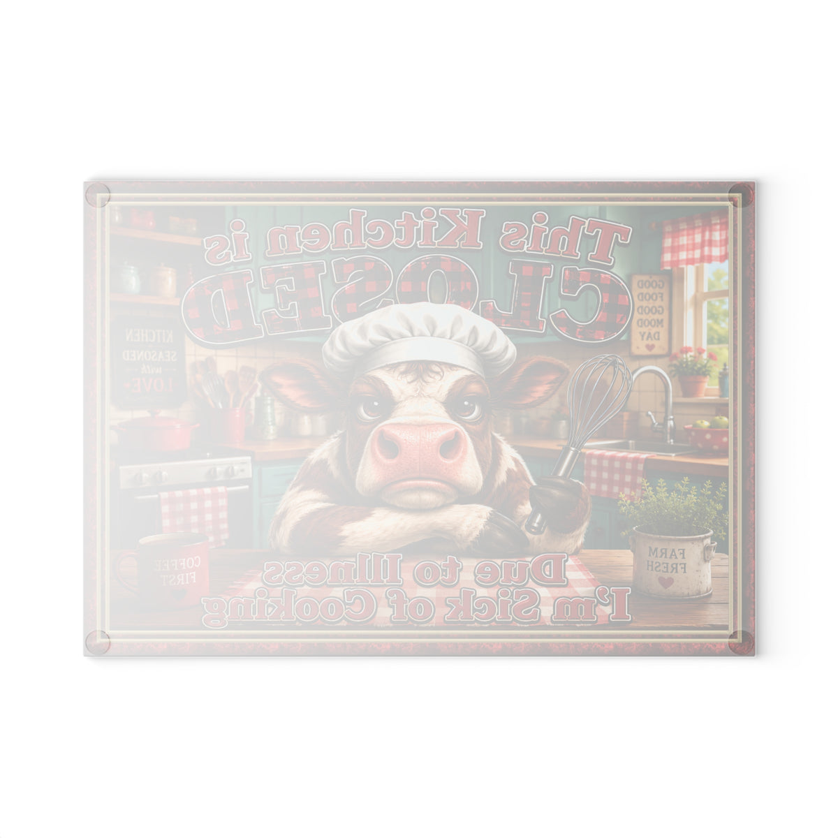 Glass Cutting Board - "This Kitchen is Closed" Funny Cow Kitchen Decor, Novelty Gift for Cooks & Farmhouse Kitchens
