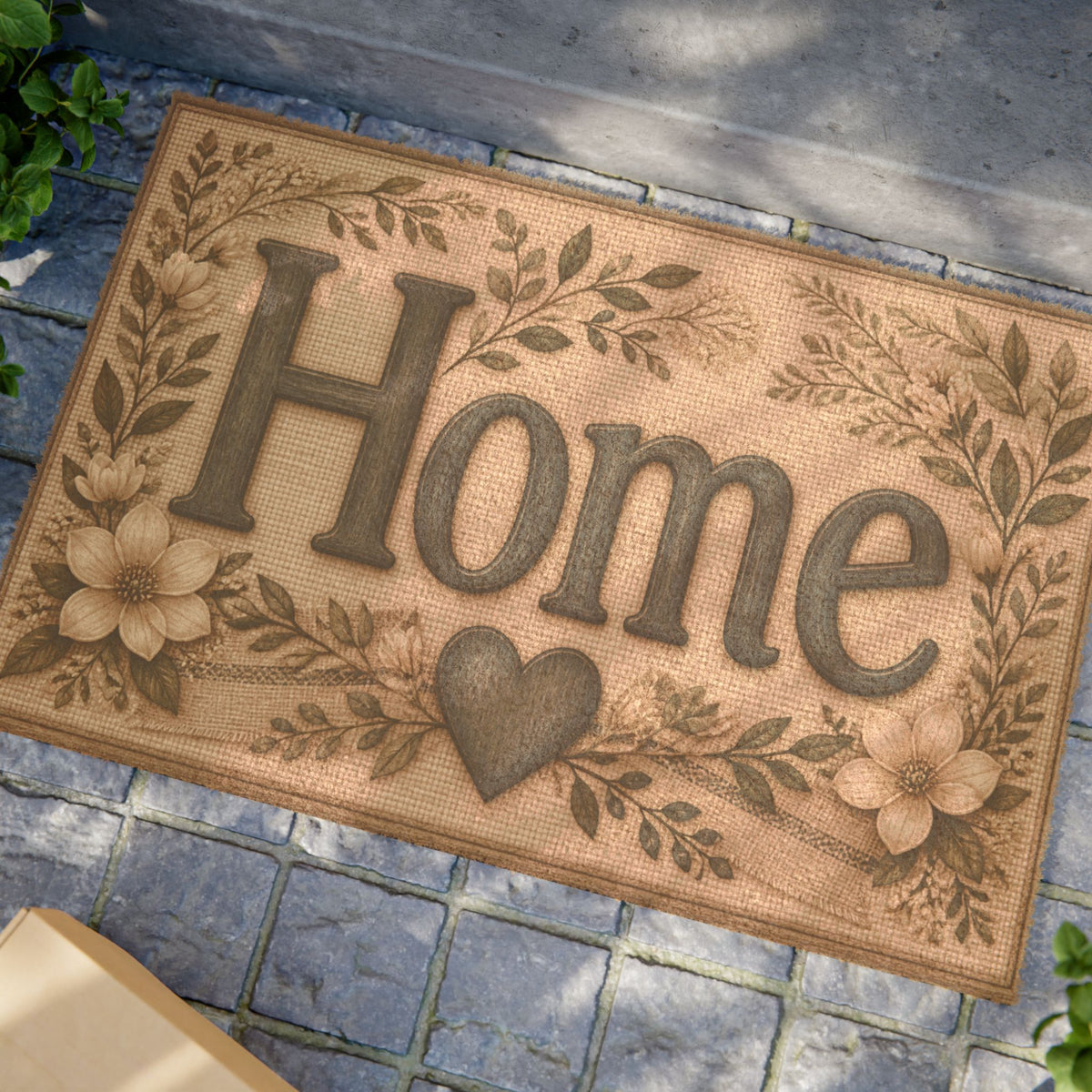 Home Floral Heart Doormat — Decorative Welcome Mat for Porch & Entryway