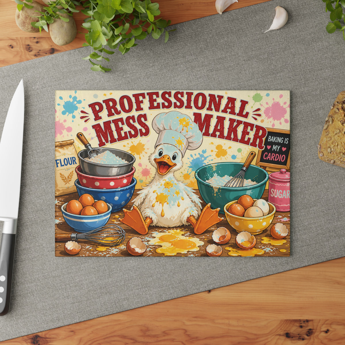 Professional Mess Maker Glass Cutting Board — Funny Duck Baking Kitchen Decor