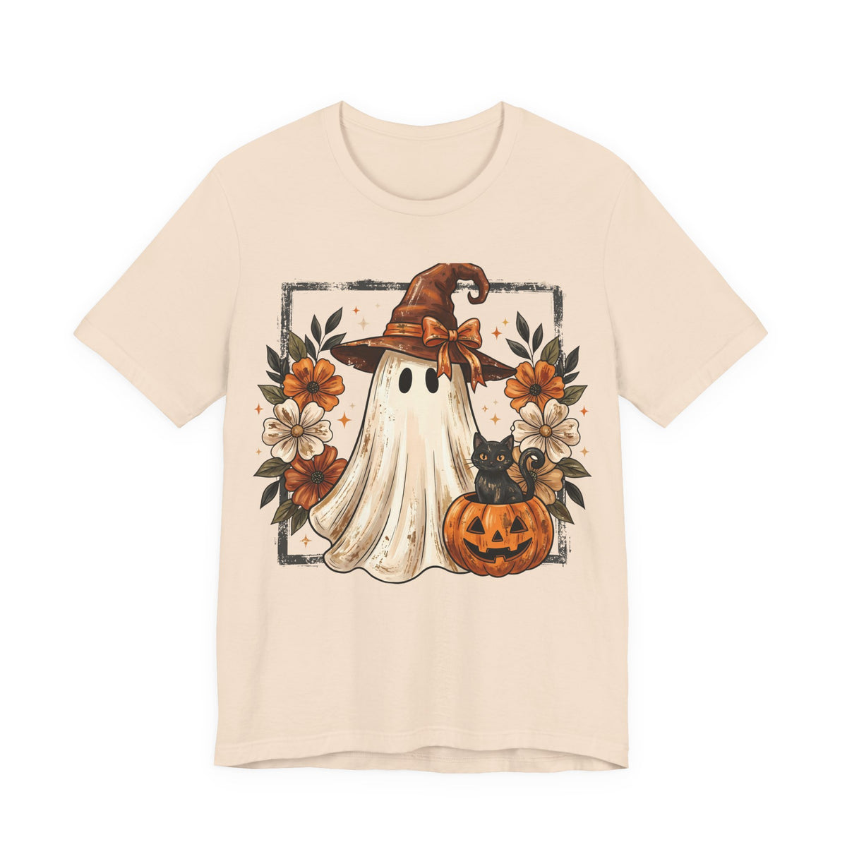 Halloween Ghost Tee — Cute Ghost with Witch Hat, Pumpkin & Black Cat Graphic Shirt