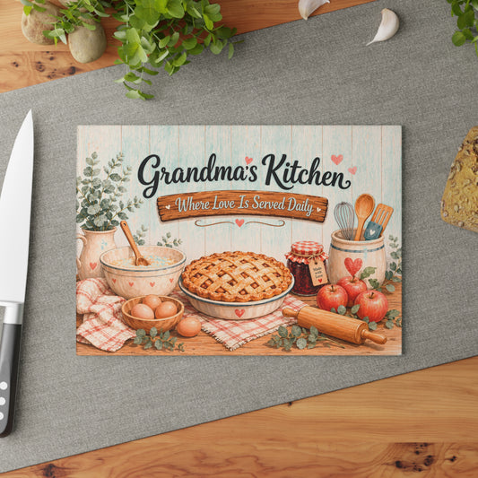 Grandma’s Kitchen Glass Cutting Board – “Where Love Is Served Daily” Vintage Pie Countertop Decor