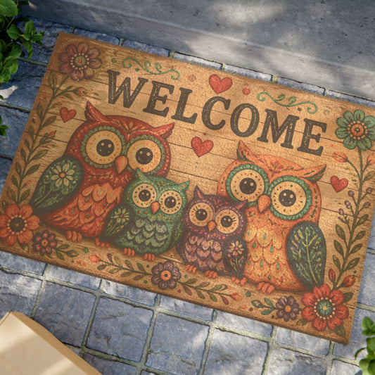 Welcome Owl Family Doormat — Decorative Outdoor/Indoor Coir Welcome Mat