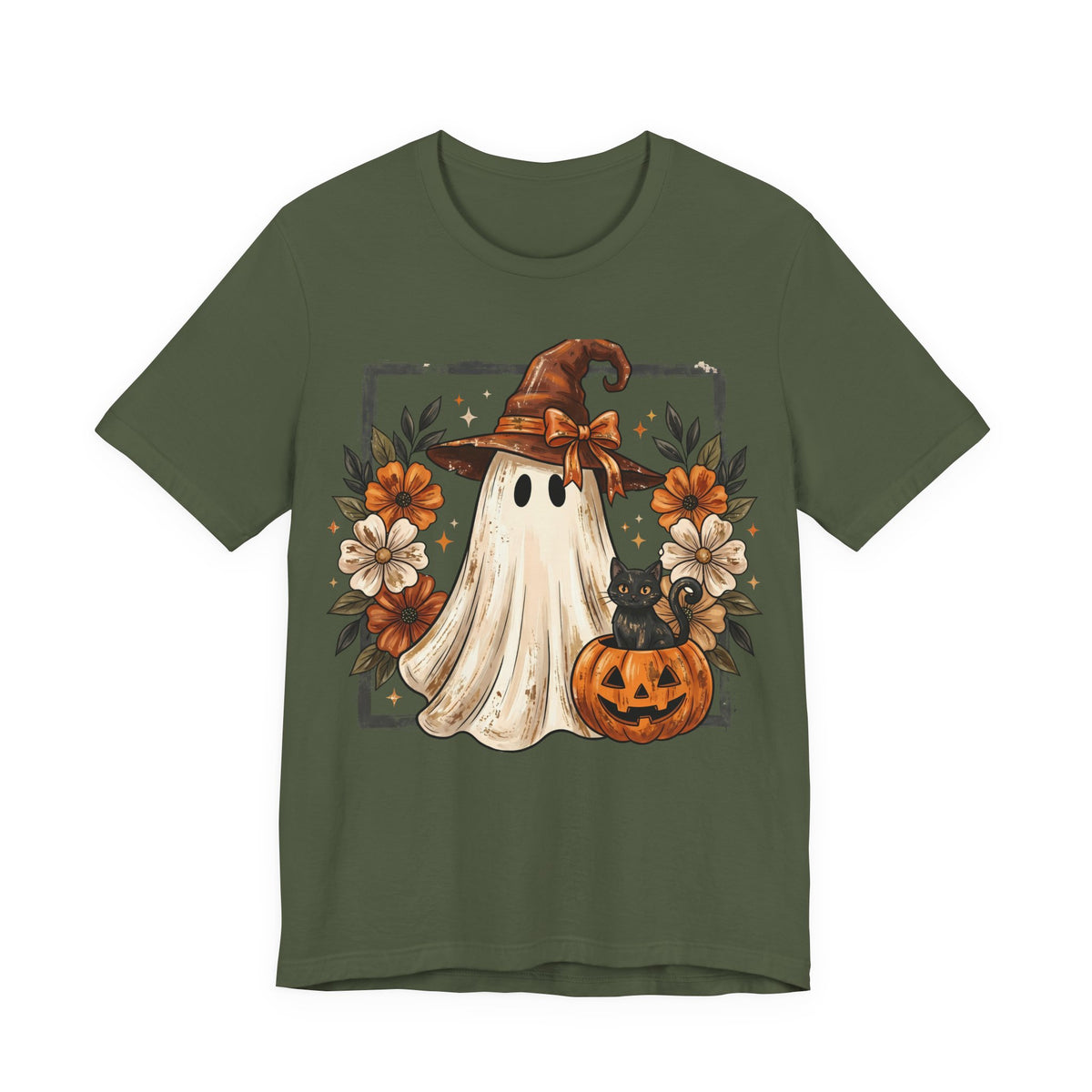 Halloween Ghost Tee — Cute Ghost with Witch Hat, Pumpkin & Black Cat Graphic Shirt