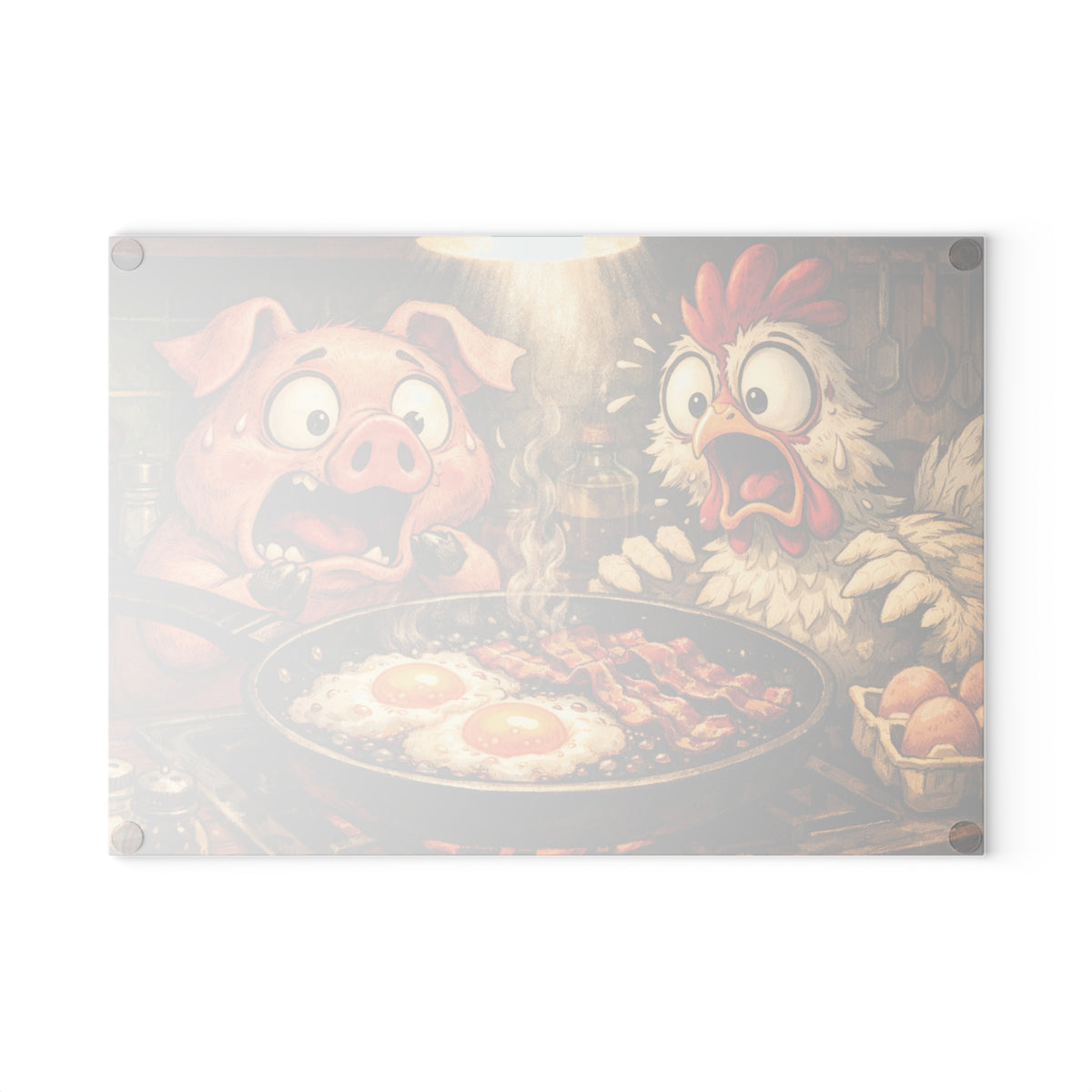 Glass Cutting Board — Funny Breakfast Pig & Chicken Illustration (Eggs & Bacon)