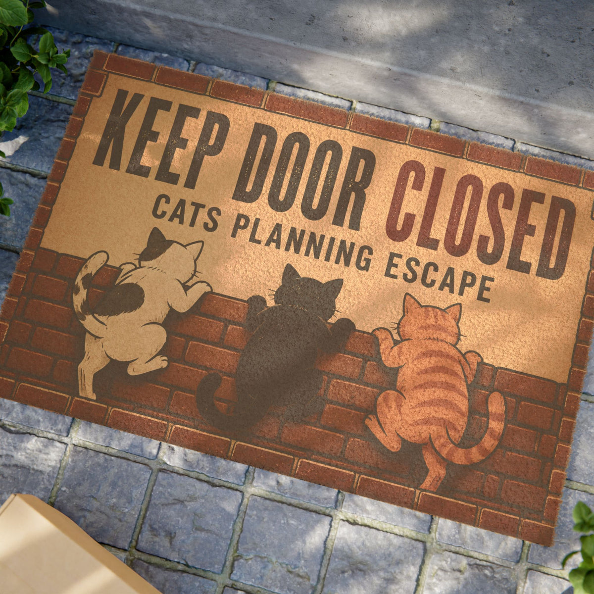 Keep Door Closed Cat Doormat – 'Cats Planning Escape' Funny Welcome Mat
