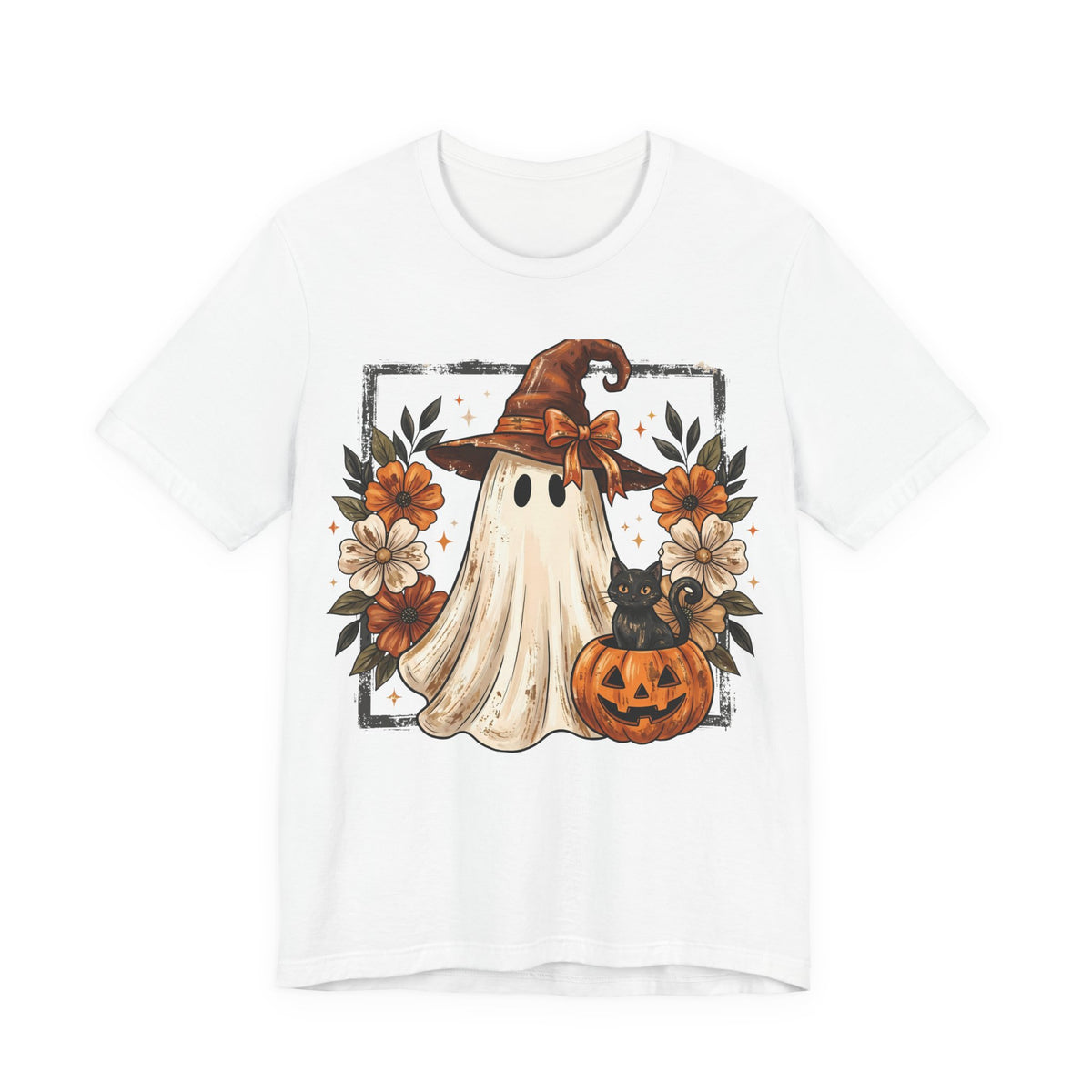 Halloween Ghost Tee — Cute Ghost with Witch Hat, Pumpkin & Black Cat Graphic Shirt